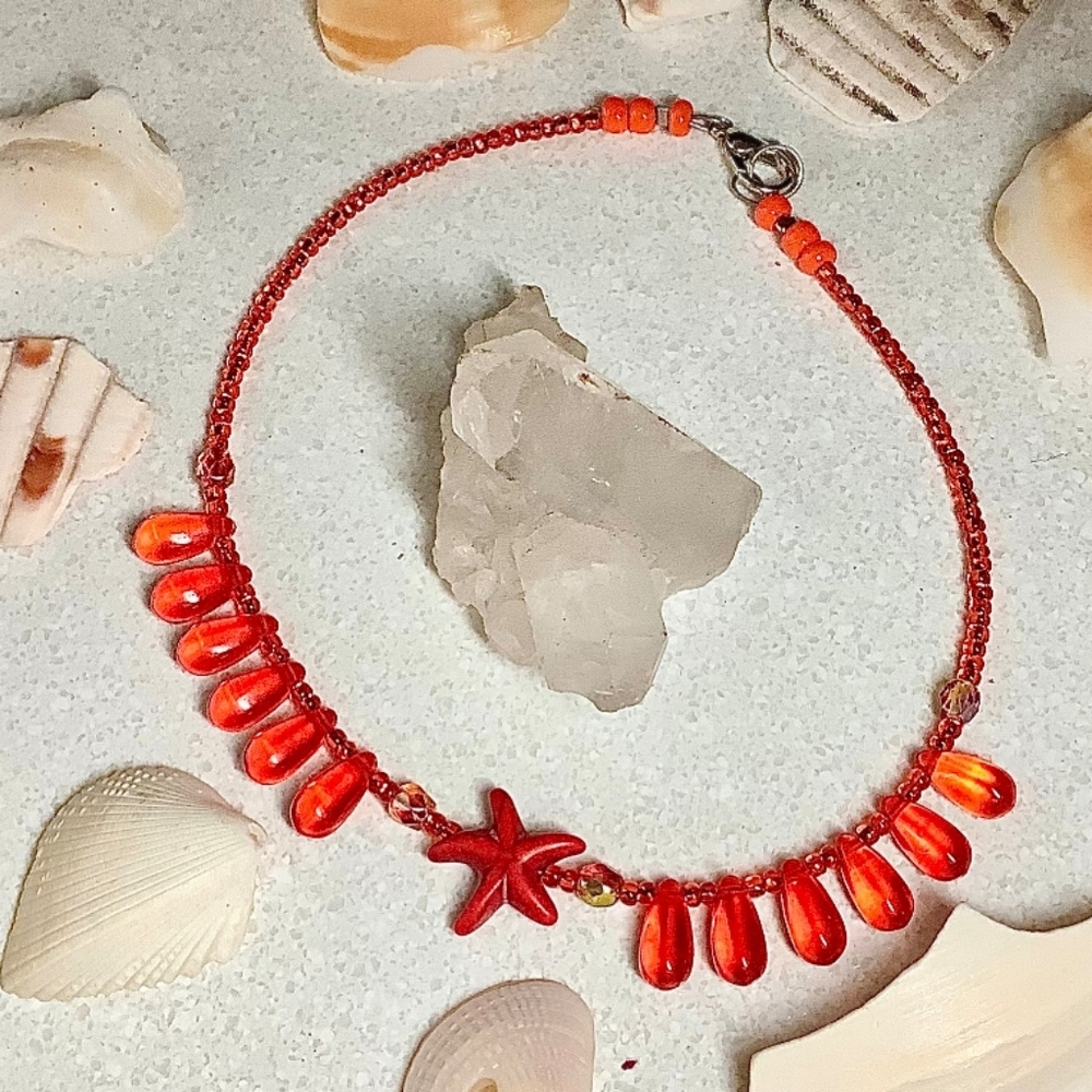 Starfish orange anklet Handcrafted by Queen2Bohemian